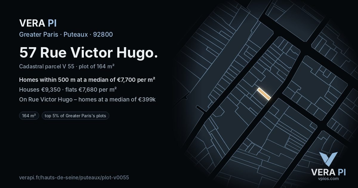 57 Rue Victor Hugo, Puteaux at night – the plot lit, the parcels around coloured by the prices near them