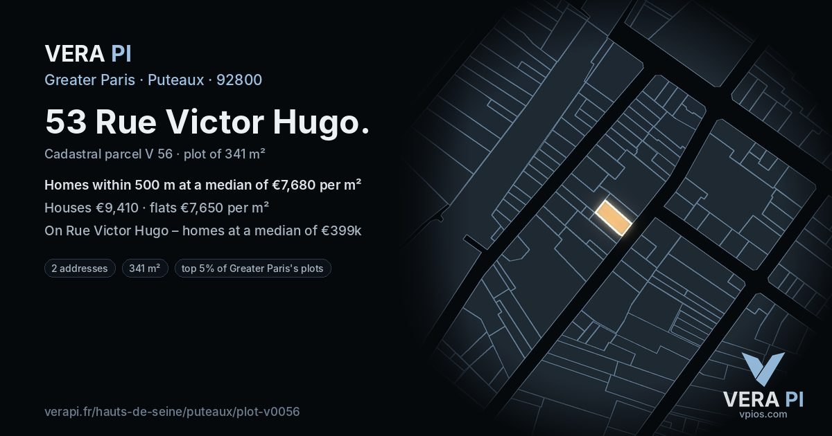 53 Rue Victor Hugo, Puteaux at night – the plot lit, the parcels around coloured by the prices near them