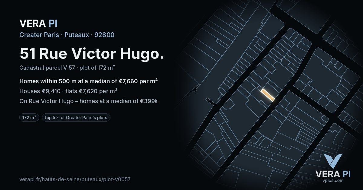 51 Rue Victor Hugo, Puteaux at night – the plot lit, the parcels around coloured by the prices near them