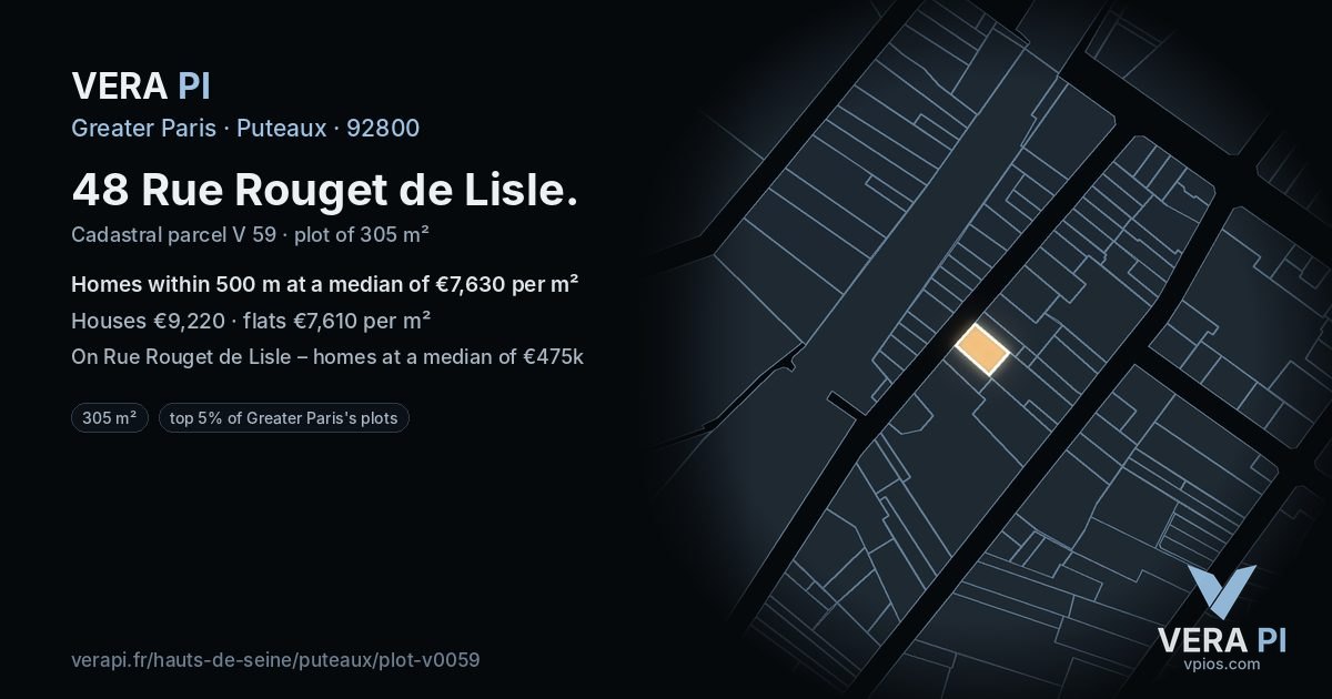 48 Rue Rouget de Lisle, Puteaux at night – the plot lit, the parcels around coloured by the prices near them