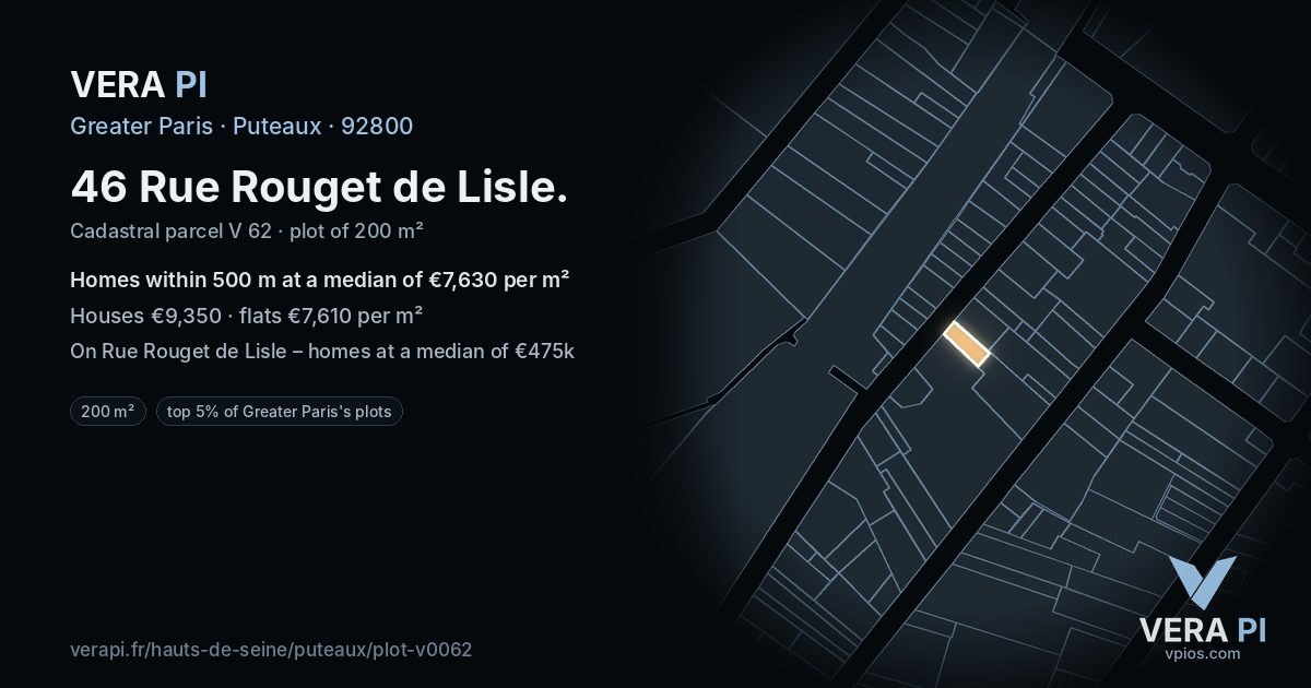 46 Rue Rouget de Lisle, Puteaux at night – the plot lit, the parcels around coloured by the prices near them