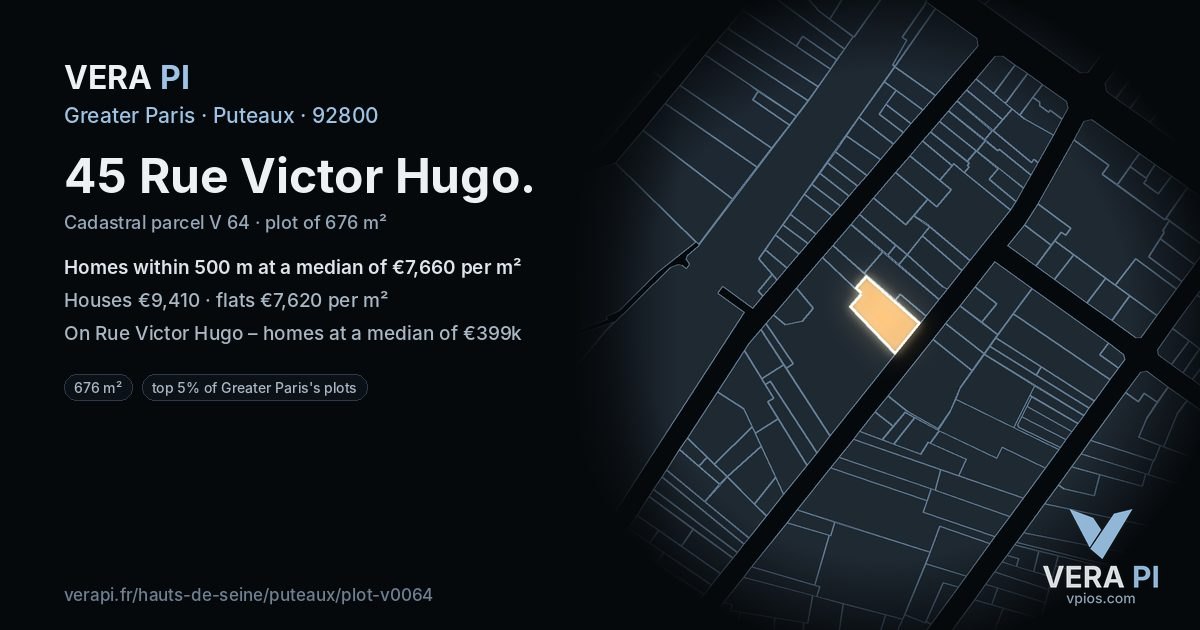 45 Rue Victor Hugo, Puteaux at night – the plot lit, the parcels around coloured by the prices near them