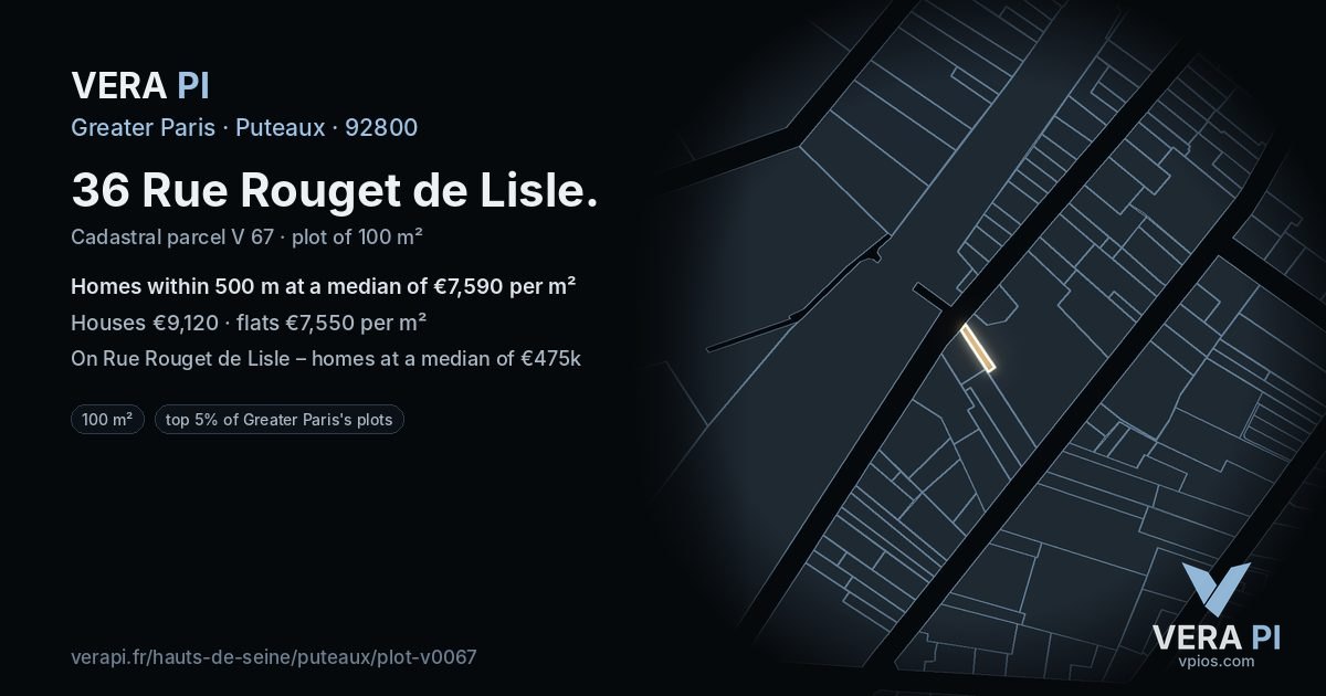 36 Rue Rouget de Lisle, Puteaux at night – the plot lit, the parcels around coloured by the prices near them