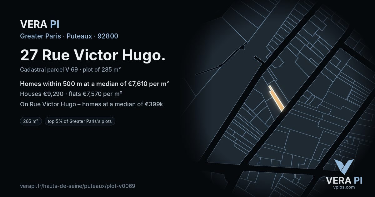27 Rue Victor Hugo, Puteaux at night – the plot lit, the parcels around coloured by the prices near them