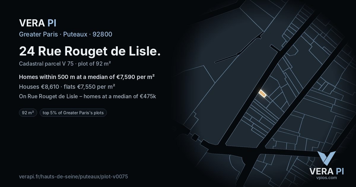 24 Rue Rouget de Lisle, Puteaux at night – the plot lit, the parcels around coloured by the prices near them