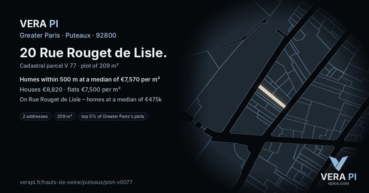 20 Rue Rouget de Lisle, Puteaux at night – the plot lit, the parcels around coloured by the prices near them