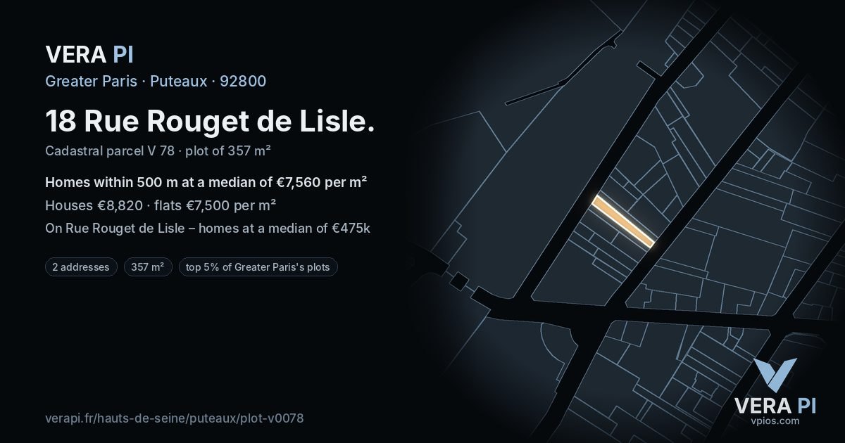 18 Rue Rouget de Lisle, Puteaux at night – the plot lit, the parcels around coloured by the prices near them