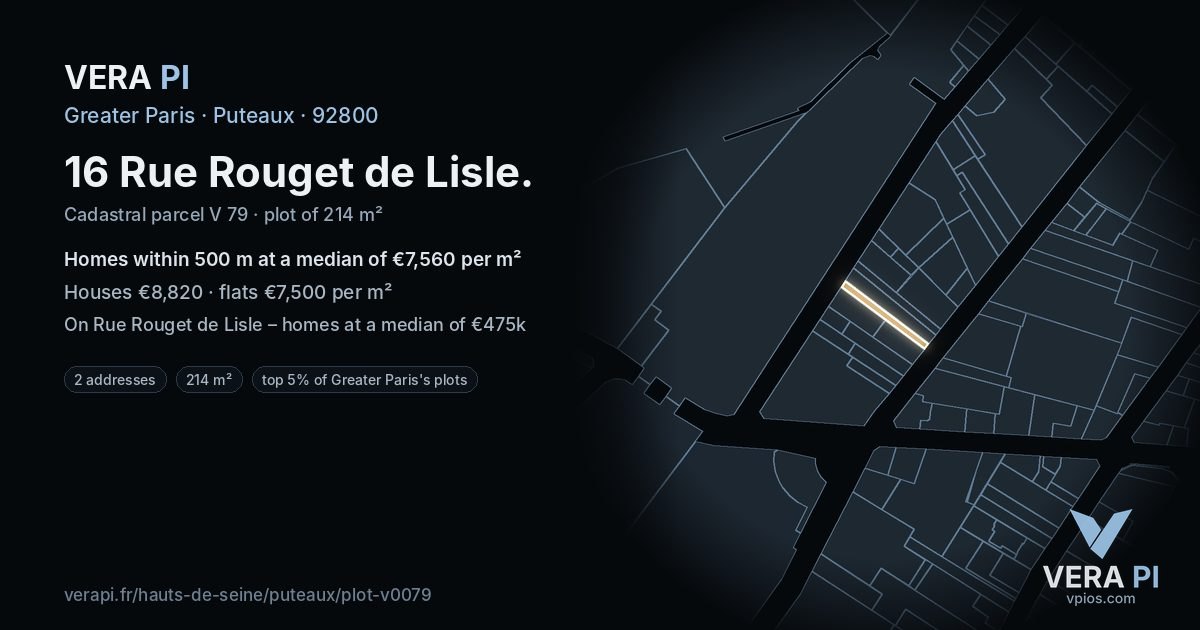16 Rue Rouget de Lisle, Puteaux at night – the plot lit, the parcels around coloured by the prices near them