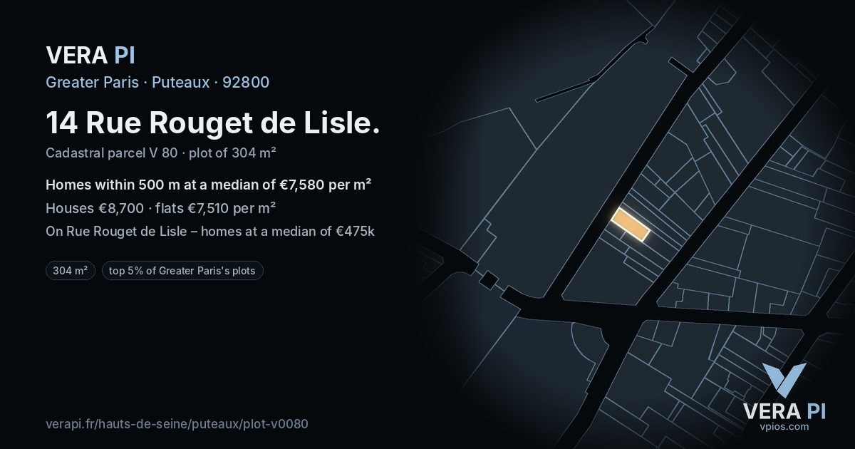 14 Rue Rouget de Lisle, Puteaux at night – the plot lit, the parcels around coloured by the prices near them
