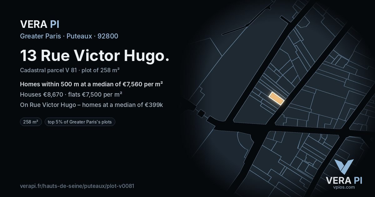 13 Rue Victor Hugo, Puteaux at night – the plot lit, the parcels around coloured by the prices near them