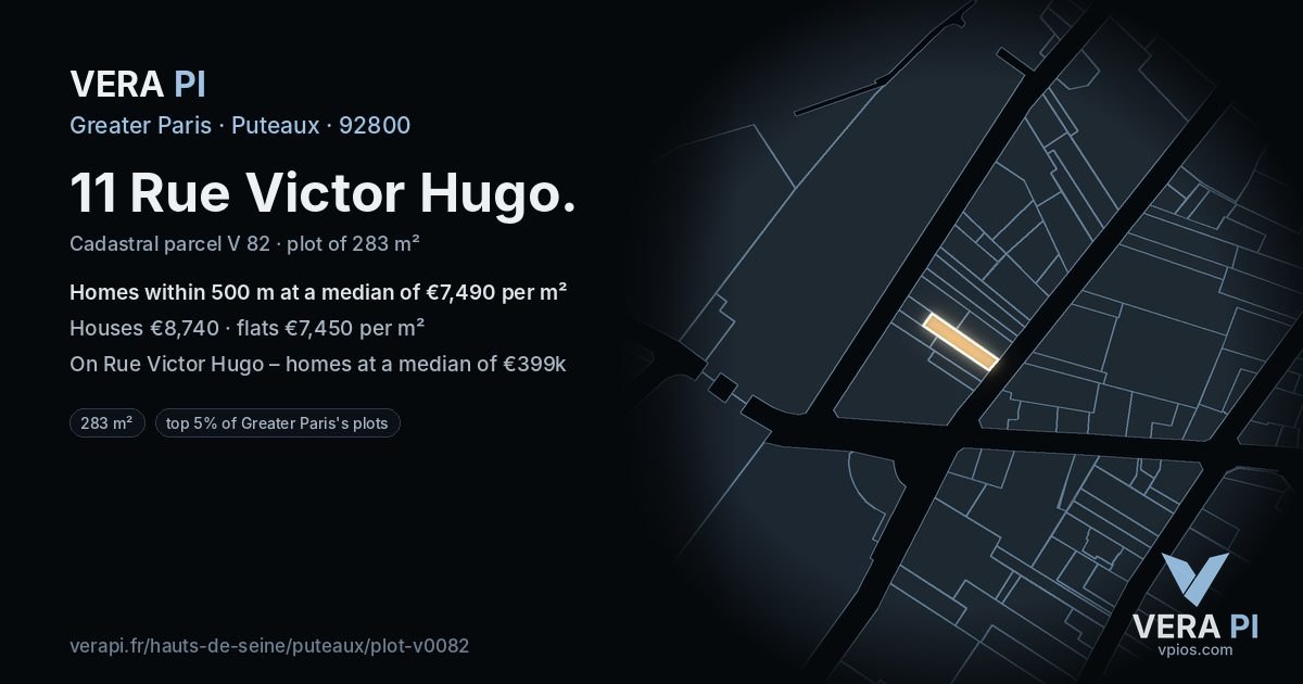 11 Rue Victor Hugo, Puteaux at night – the plot lit, the parcels around coloured by the prices near them