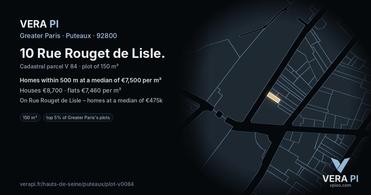 10 Rue Rouget de Lisle, Puteaux at night – the plot lit, the parcels around coloured by the prices near them