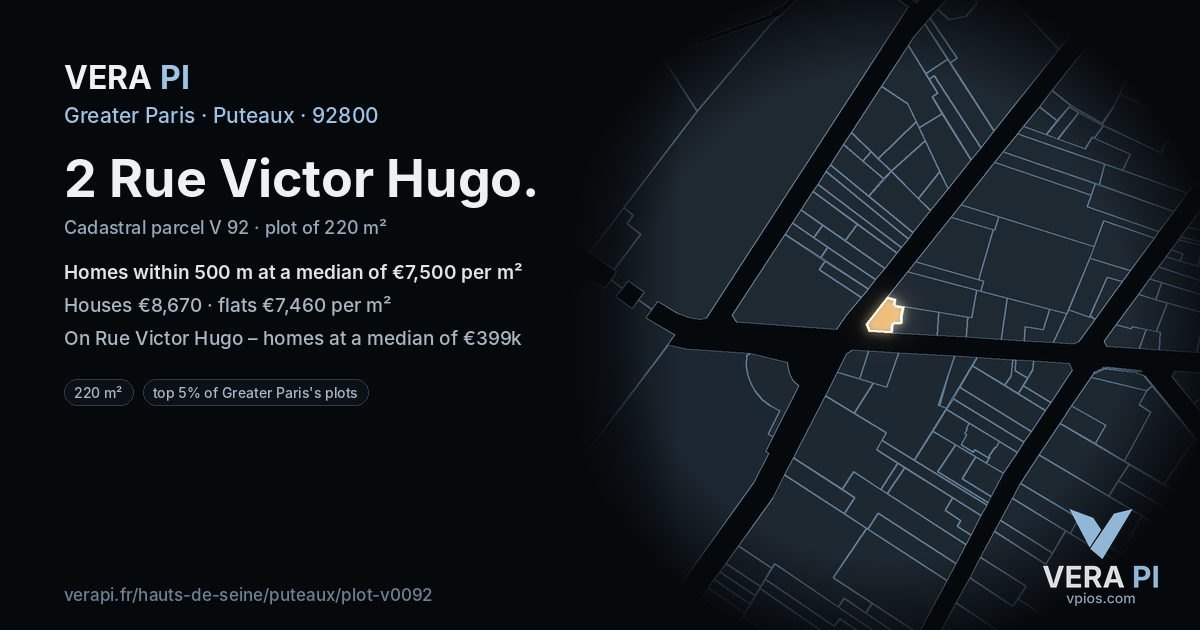 2 Rue Victor Hugo, Puteaux at night – the plot lit, the parcels around coloured by the prices near them
