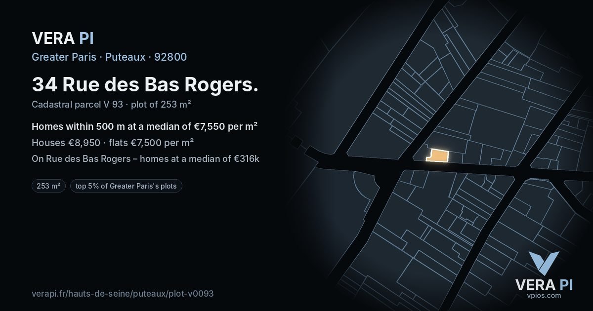 34 Rue des Bas Rogers, Puteaux at night – the plot lit, the parcels around coloured by the prices near them