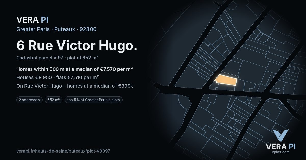 6 Rue Victor Hugo, Puteaux at night – the plot lit, the parcels around coloured by the prices near them
