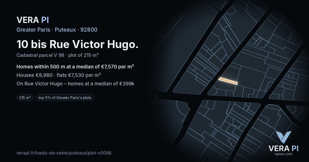 10 bis Rue Victor Hugo, Puteaux at night – the plot lit, the parcels around coloured by the prices near them