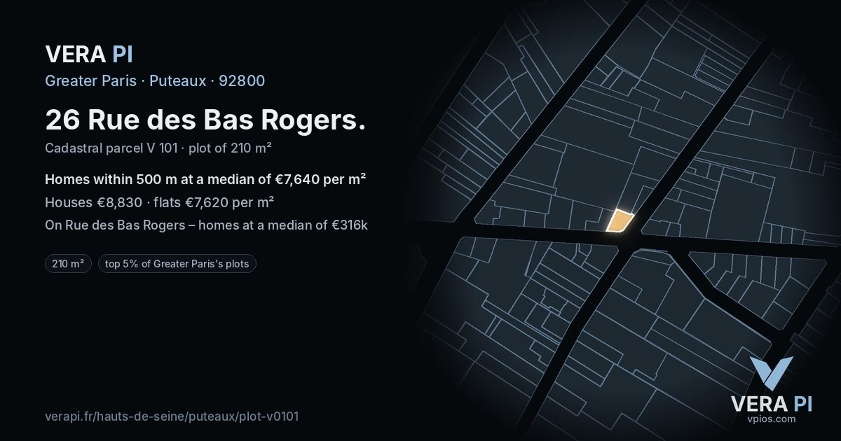 26 Rue des Bas Rogers, Puteaux at night – the plot lit, the parcels around coloured by the prices near them