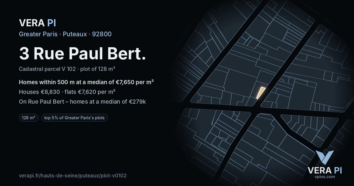 3 Rue Paul Bert, Puteaux at night – the plot lit, the parcels around coloured by the prices near them