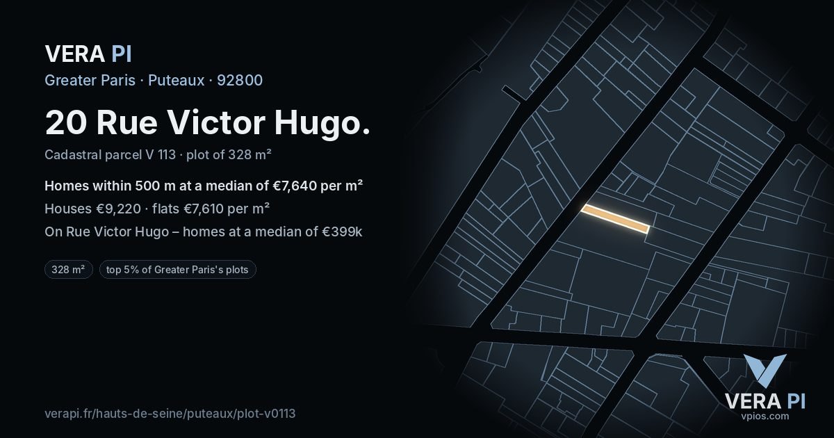 20 Rue Victor Hugo, Puteaux at night – the plot lit, the parcels around coloured by the prices near them