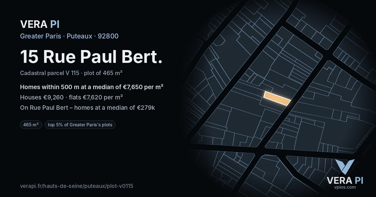 15 Rue Paul Bert, Puteaux at night – the plot lit, the parcels around coloured by the prices near them
