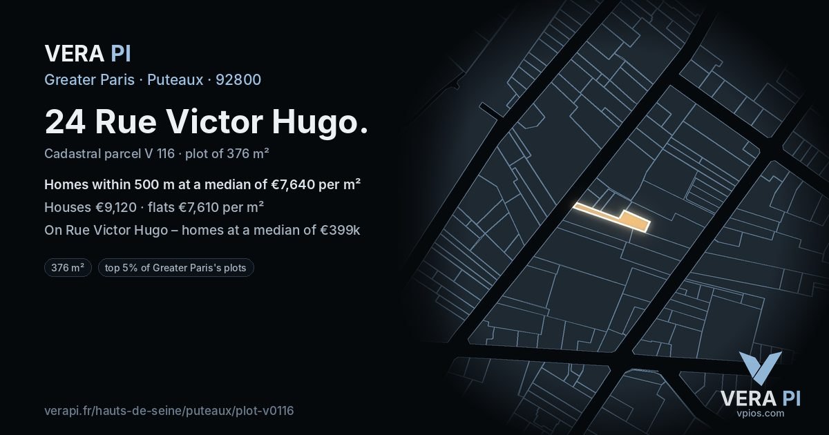 24 Rue Victor Hugo, Puteaux at night – the plot lit, the parcels around coloured by the prices near them