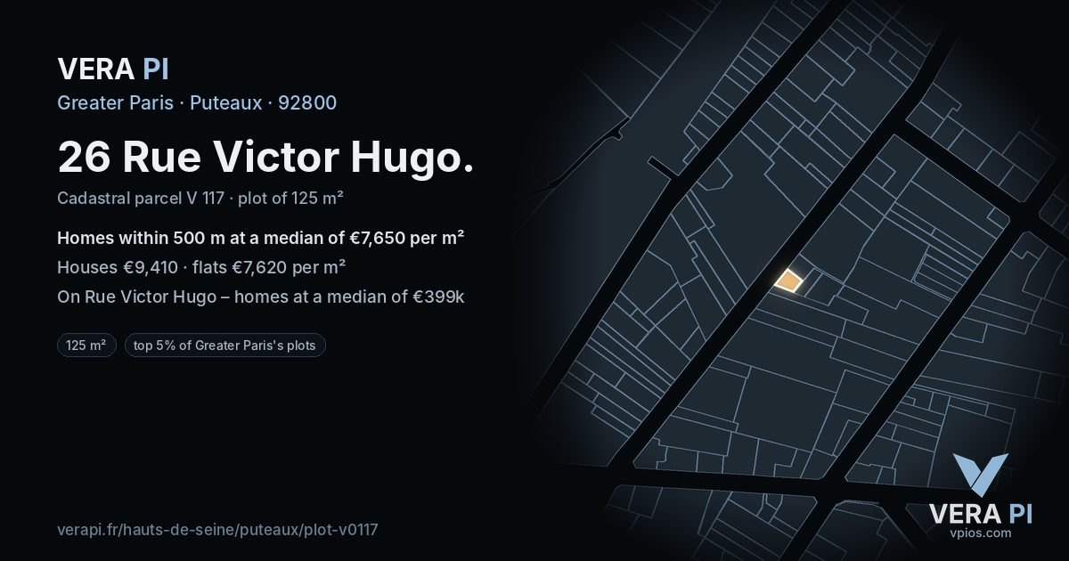 26 Rue Victor Hugo, Puteaux at night – the plot lit, the parcels around coloured by the prices near them