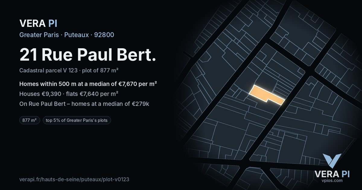21 Rue Paul Bert, Puteaux at night – the plot lit, the parcels around coloured by the prices near them