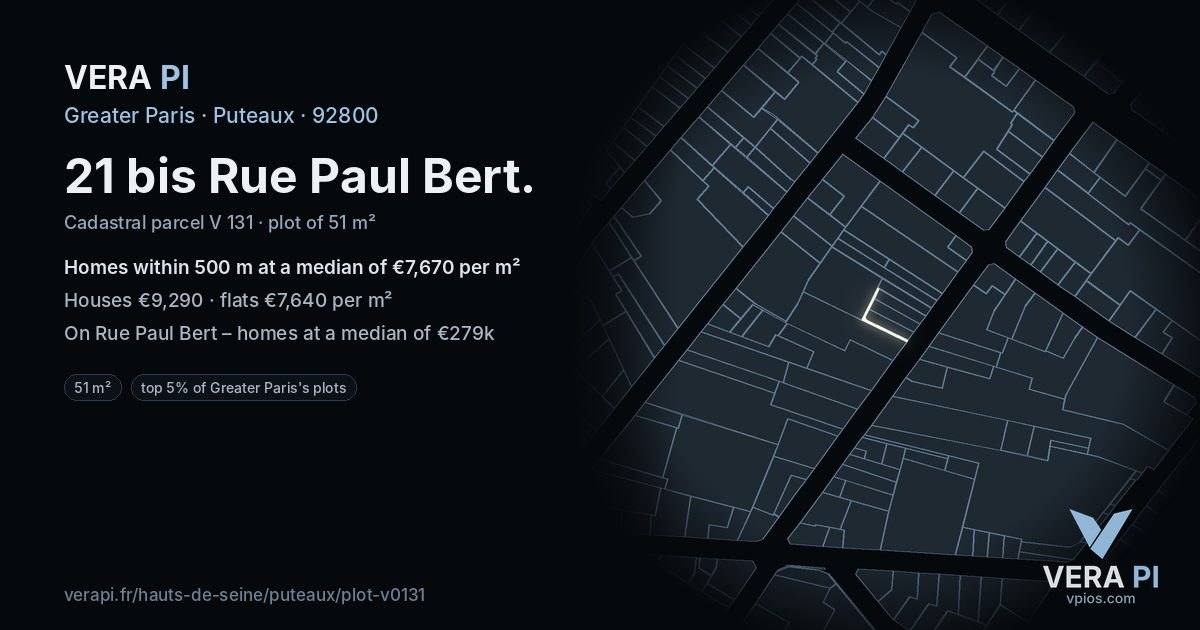 21 bis Rue Paul Bert, Puteaux at night – the plot lit, the parcels around coloured by the prices near them