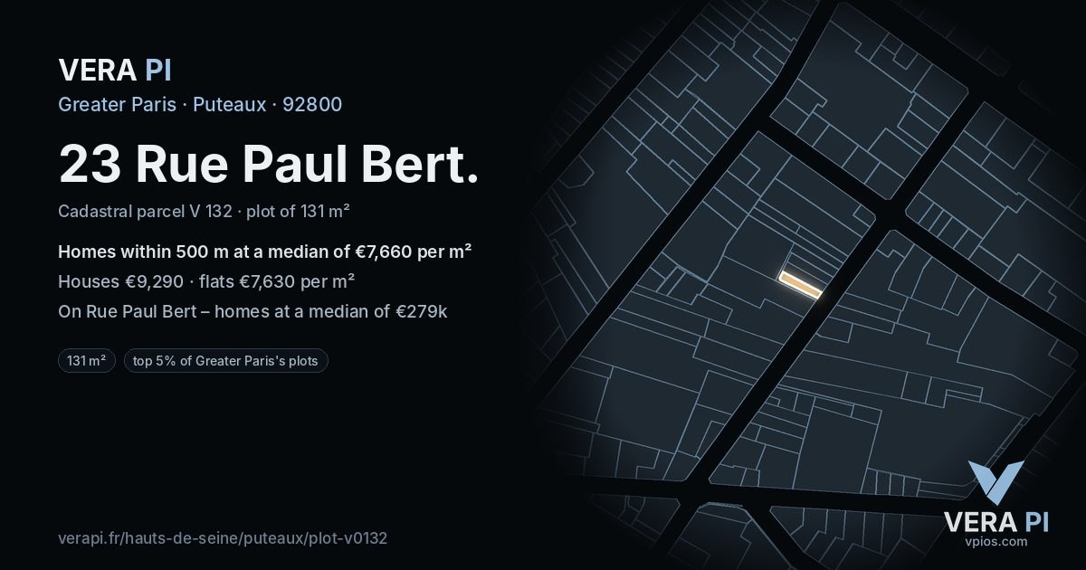 23 Rue Paul Bert, Puteaux at night – the plot lit, the parcels around coloured by the prices near them