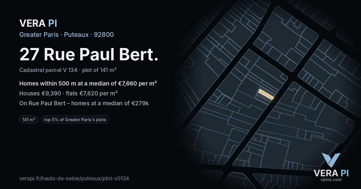 27 Rue Paul Bert, Puteaux at night – the plot lit, the parcels around coloured by the prices near them