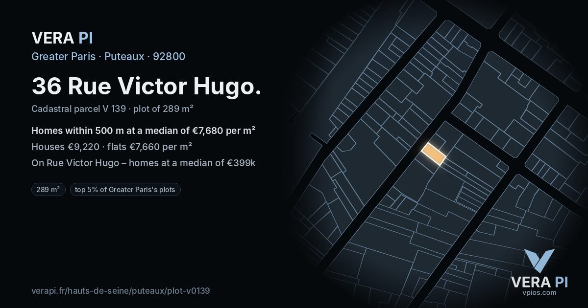 36 Rue Victor Hugo, Puteaux at night – the plot lit, the parcels around coloured by the prices near them