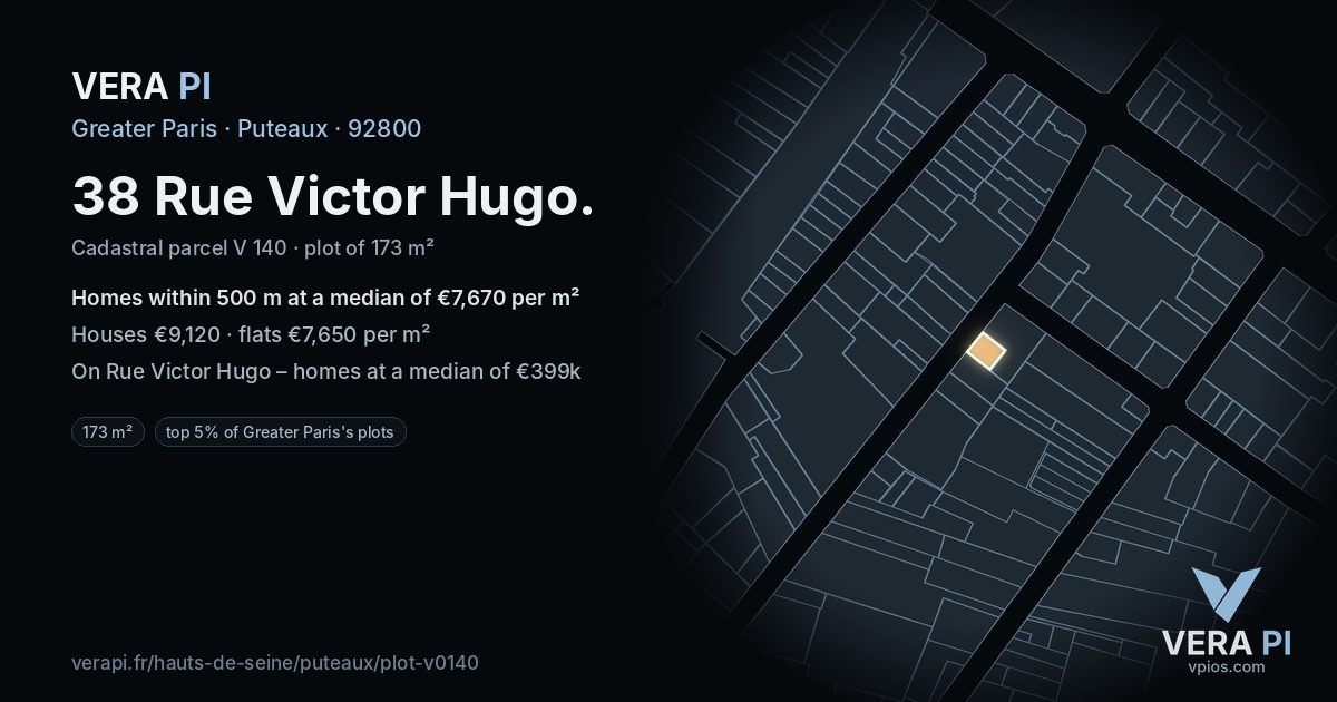 38 Rue Victor Hugo, Puteaux at night – the plot lit, the parcels around coloured by the prices near them