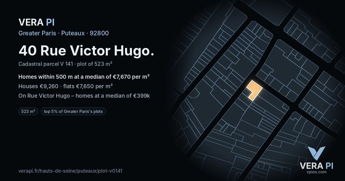 40 Rue Victor Hugo, Puteaux at night – the plot lit, the parcels around coloured by the prices near them