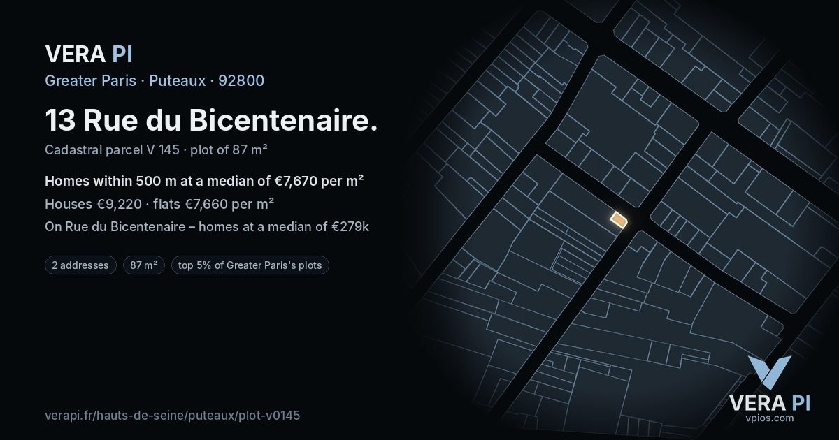 13 Rue du Bicentenaire, Puteaux at night – the plot lit, the parcels around coloured by the prices near them
