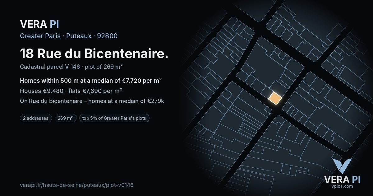 18 Rue du Bicentenaire, Puteaux at night – the plot lit, the parcels around coloured by the prices near them