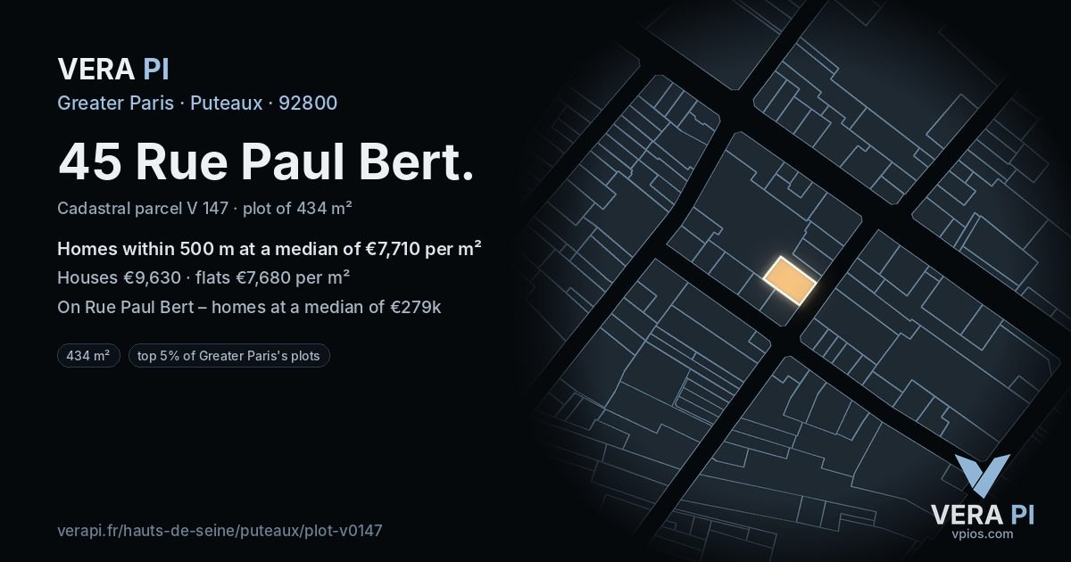 45 Rue Paul Bert, Puteaux at night – the plot lit, the parcels around coloured by the prices near them