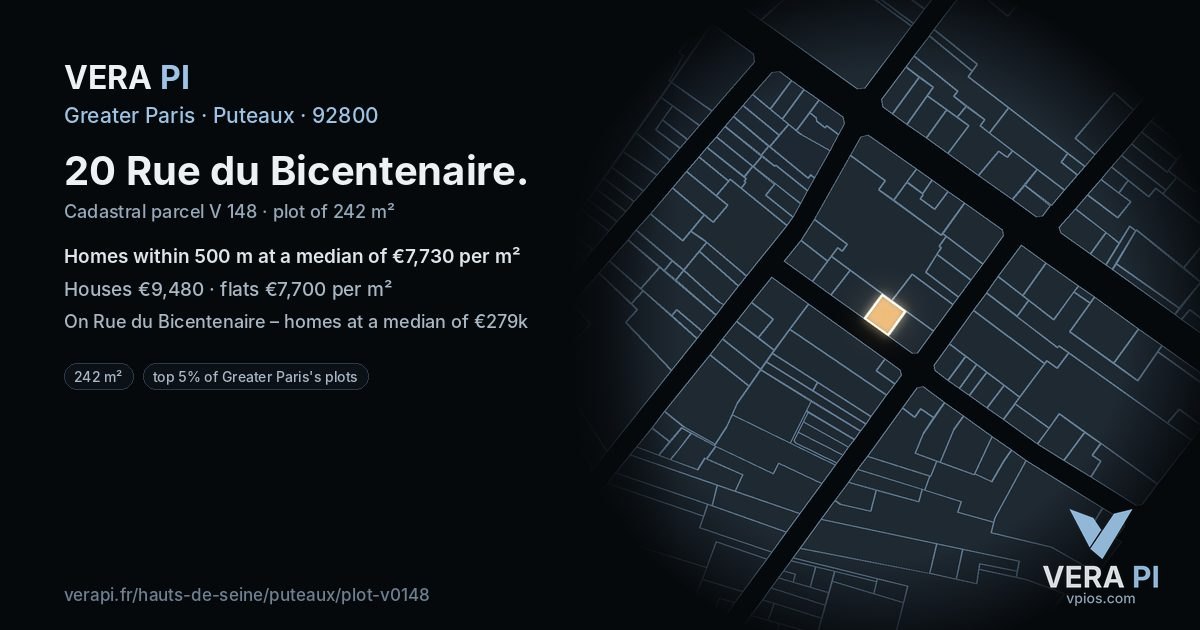 20 Rue du Bicentenaire, Puteaux at night – the plot lit, the parcels around coloured by the prices near them