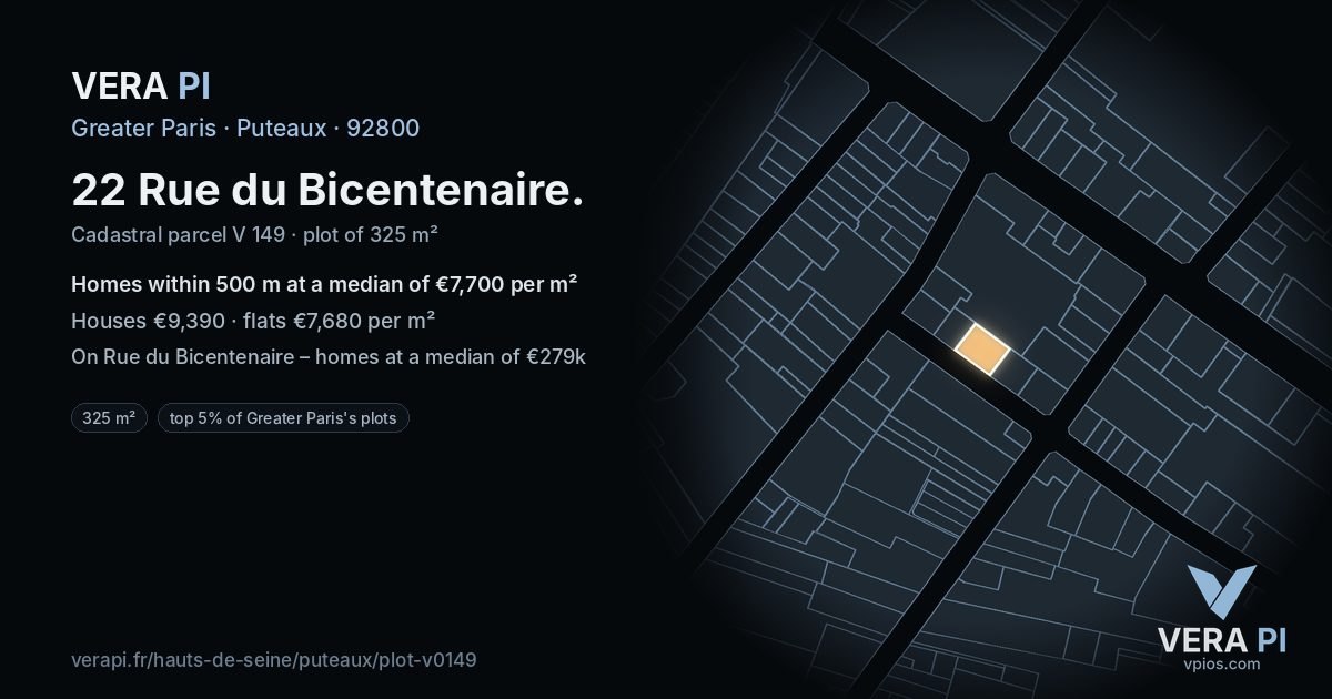 22 Rue du Bicentenaire, Puteaux at night – the plot lit, the parcels around coloured by the prices near them