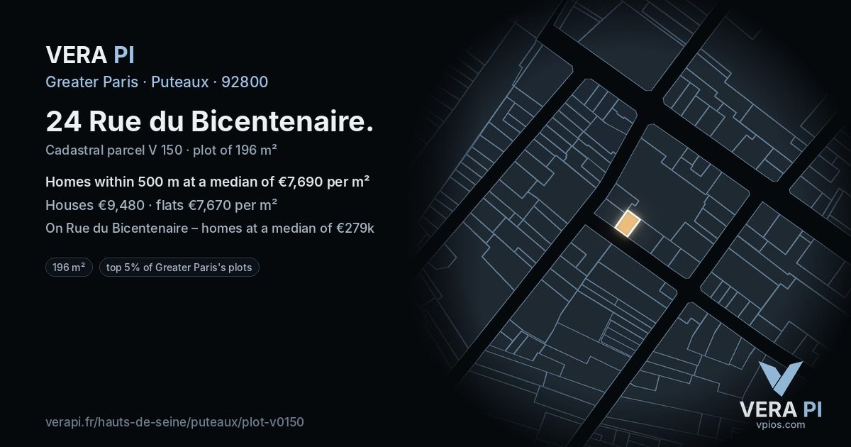 24 Rue du Bicentenaire, Puteaux at night – the plot lit, the parcels around coloured by the prices near them