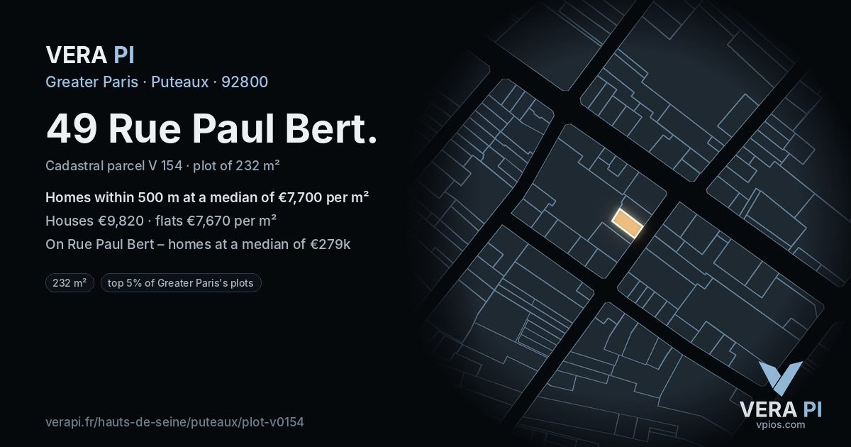 49 Rue Paul Bert, Puteaux at night – the plot lit, the parcels around coloured by the prices near them
