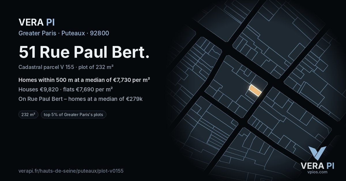 51 Rue Paul Bert, Puteaux at night – the plot lit, the parcels around coloured by the prices near them