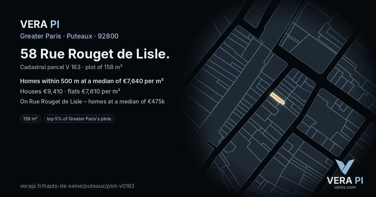 58 Rue Rouget de Lisle, Puteaux at night – the plot lit, the parcels around coloured by the prices near them