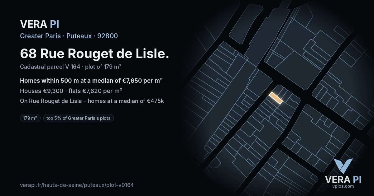 68 Rue Rouget de Lisle, Puteaux at night – the plot lit, the parcels around coloured by the prices near them