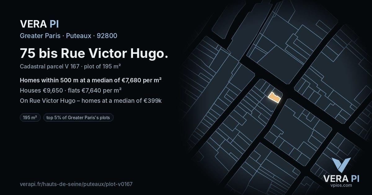 75 bis Rue Victor Hugo, Puteaux at night – the plot lit, the parcels around coloured by the prices near them