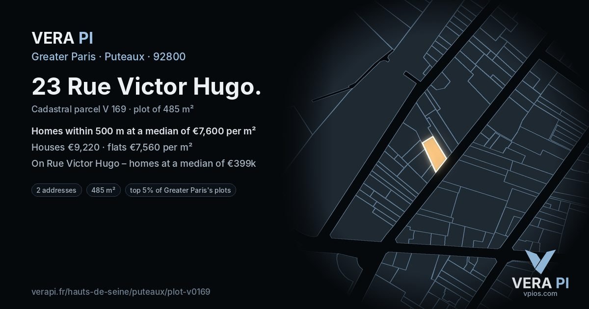 23 Rue Victor Hugo, Puteaux at night – the plot lit, the parcels around coloured by the prices near them