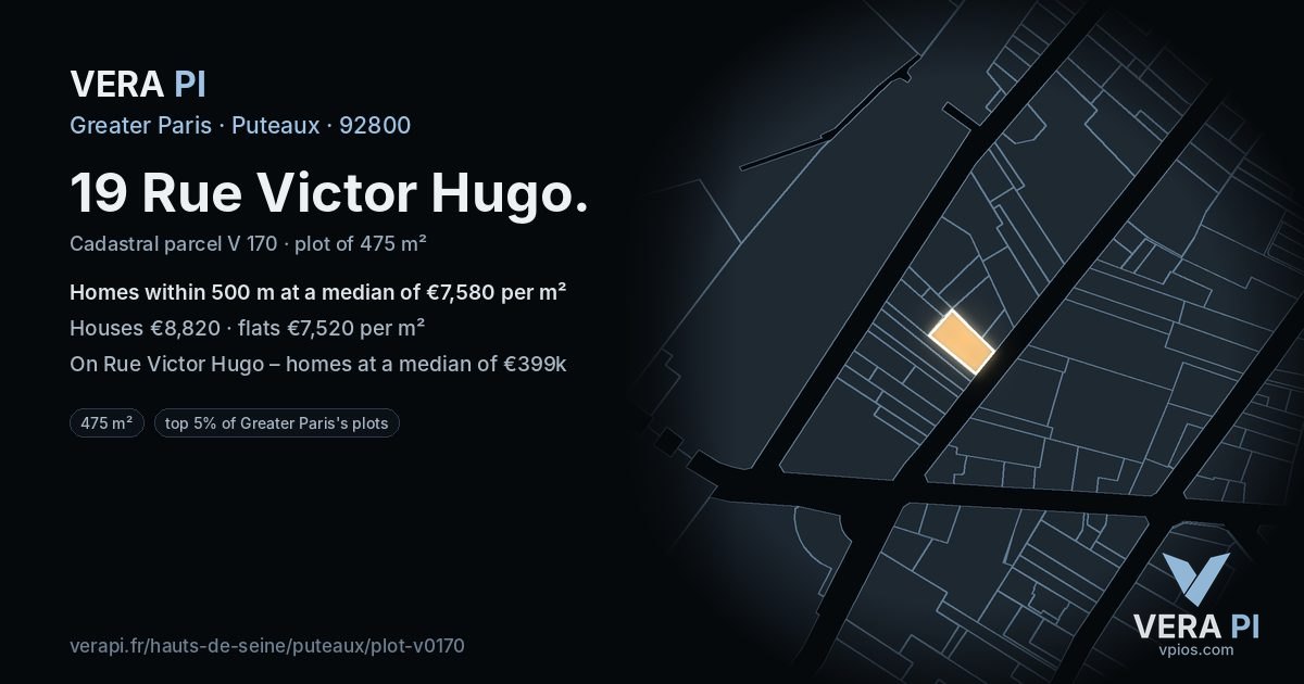 19 Rue Victor Hugo, Puteaux at night – the plot lit, the parcels around coloured by the prices near them