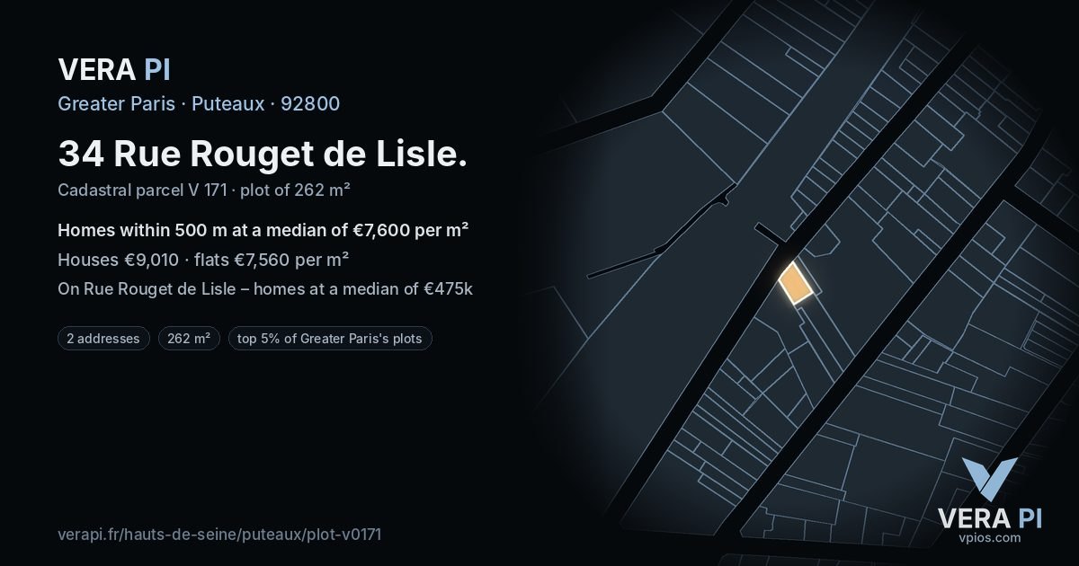 34 Rue Rouget de Lisle, Puteaux at night – the plot lit, the parcels around coloured by the prices near them