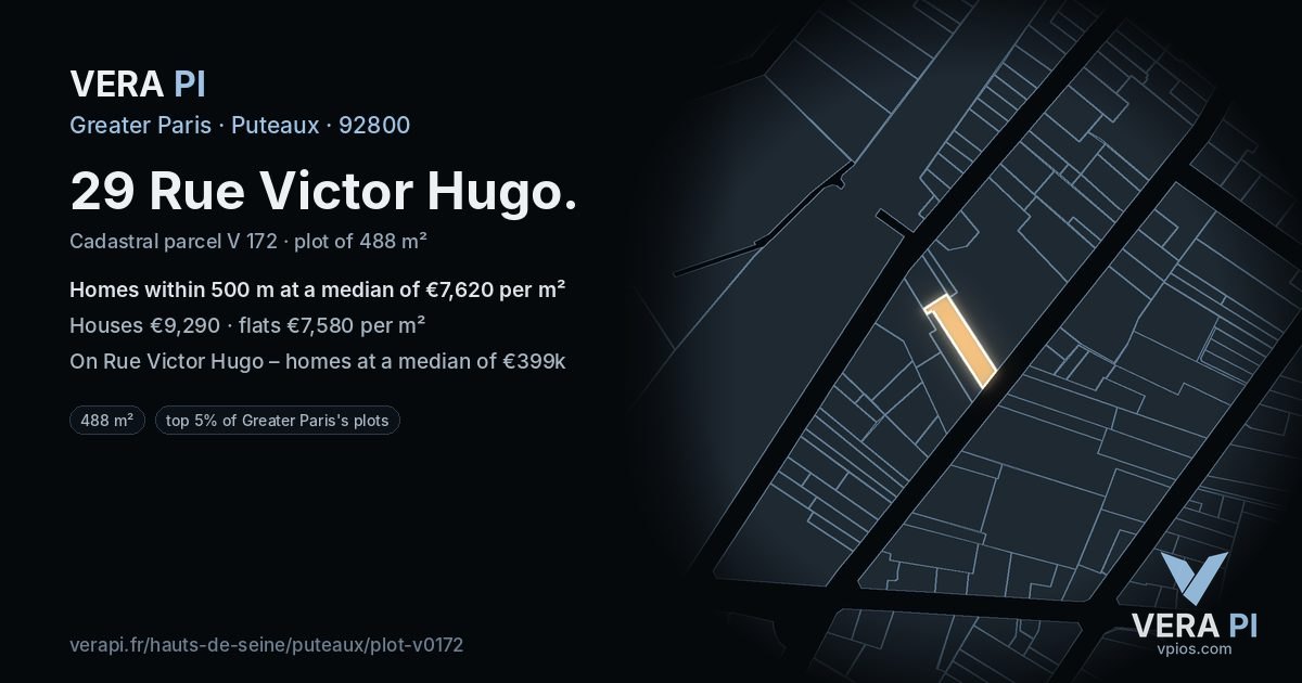 29 Rue Victor Hugo, Puteaux at night – the plot lit, the parcels around coloured by the prices near them