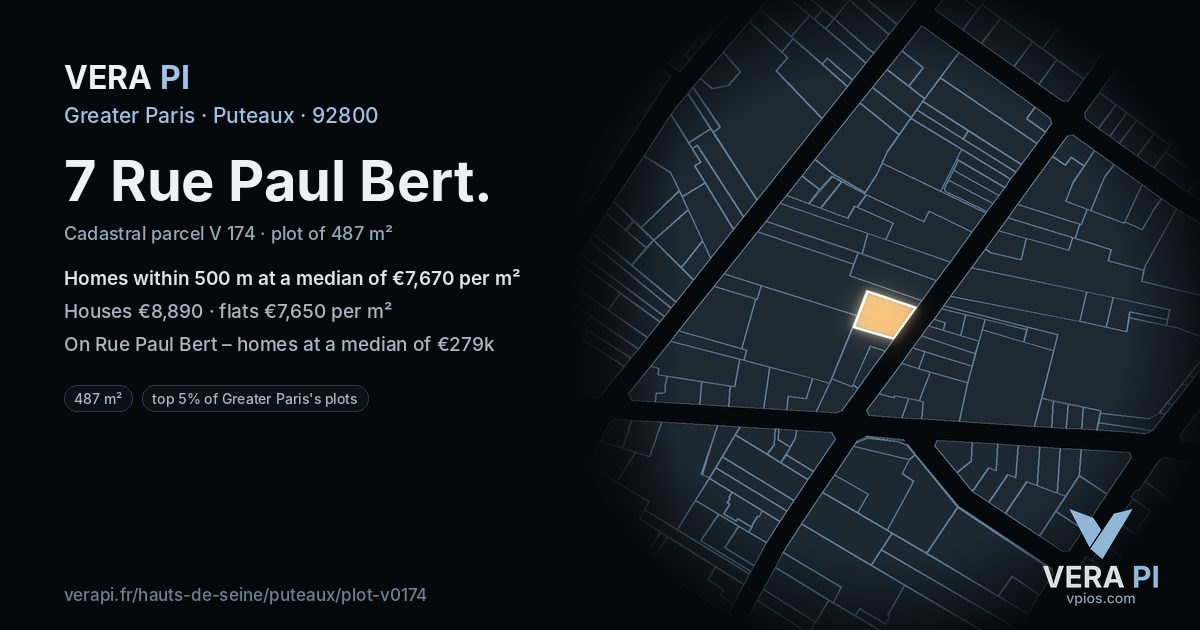 7 Rue Paul Bert, Puteaux at night – the plot lit, the parcels around coloured by the prices near them