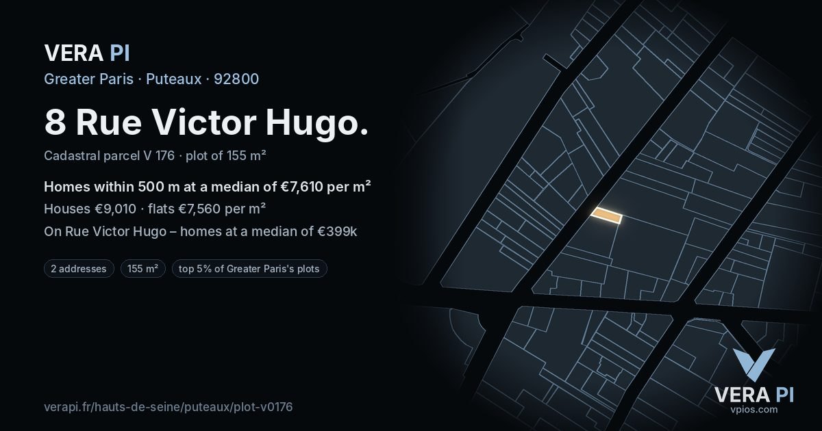 8 Rue Victor Hugo, Puteaux at night – the plot lit, the parcels around coloured by the prices near them